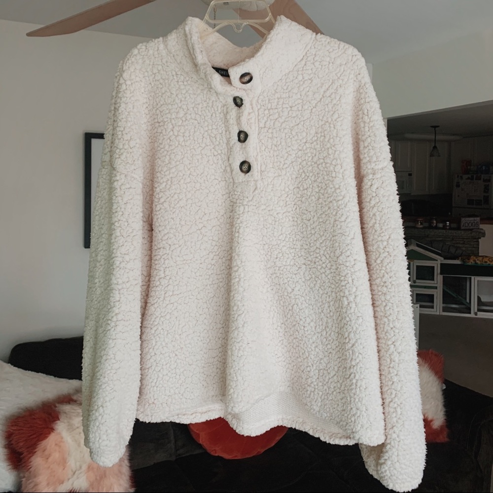 Shein Oversized Cream Teddy Sweater with Buttons